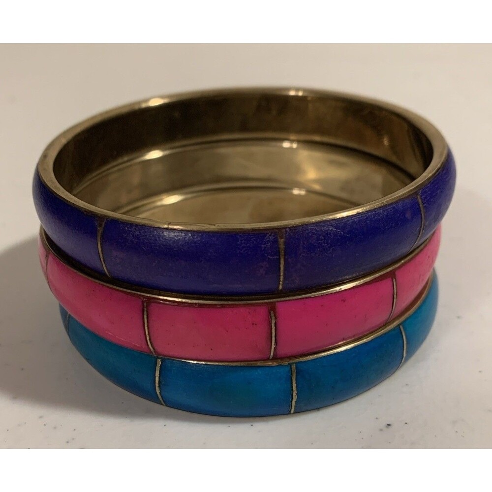 Vintage Brass Bangle Bracelets Retro Stackable Pink Purple Blue 8”